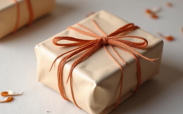 Paquete elegante con cinta y caligrafía, simbolizando entrega rápida