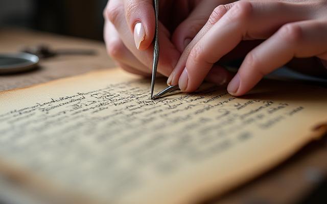 Manos restaurando un documento antiguo con herramientas delicadas